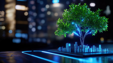 Glowing digital tree intertwined with a city skyline in a futuristic studio setup symbolizing innovationの素材