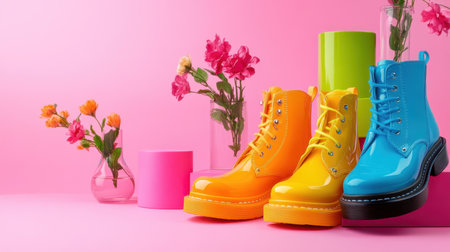 Fashionable footwear collection displayed on vivid pink surfaceの素材