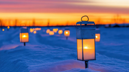 Glowing white metal lanterns casting warm light on snowy ground at dusk, with orange and pink skyの素材