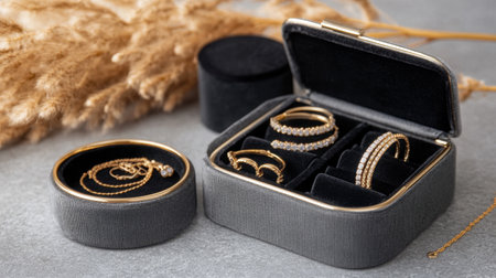 Glamorous gold jewelry placed in chic organizer over elegant grey backdropの素材