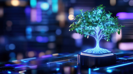 Futuristic glowing tree sprouting over a modern cityscape symbolizing digital growth and connectivityの素材