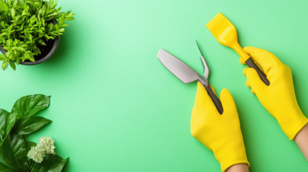 Garden gloves and hand tools held by woman on pastel-colored backgroundの素材
