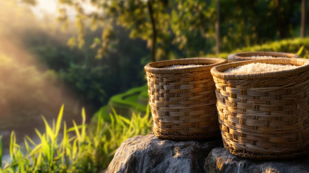 Golden light streaming over rice terraces at dawn, with handwoven baskets filled with riceの素材