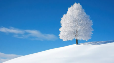 Frosty winter tree alone on hilltop, surrounded by pristine snow under morning lightの素材