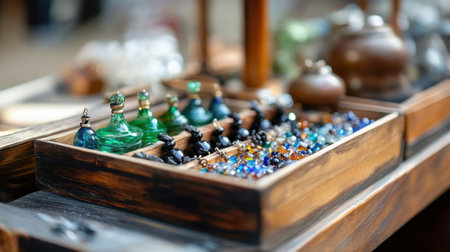 Unique glass trinkets and beads stored in artisan box placed on rustic wooden tableの素材