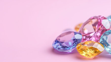Assorted colorful gemstones in pink, blue, and yellow tones sparkling on a neutral backgroundの素材