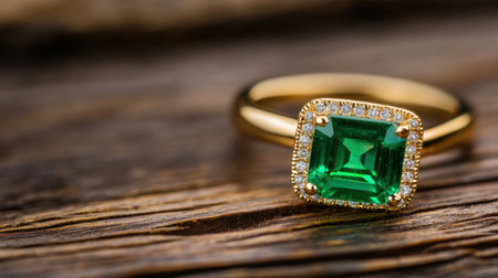 Faceted emerald and small diamonds in a gold setting, displayed on rich wood textureの素材