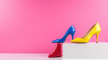 Chic women shoes showcased on cheerful pink backdropの素材