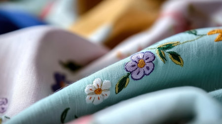 Close-up of textured pastel fabric with dainty floral prints for sewing and design mood boardsの素材