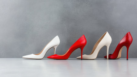 Different elegant high heels displayed on clean grey surfaceの素材