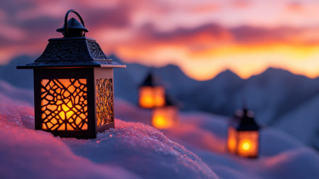 Close-up of glowing lanterns on snowdrifts, golden-pink hues of the sunset illuminating the sceneの素材