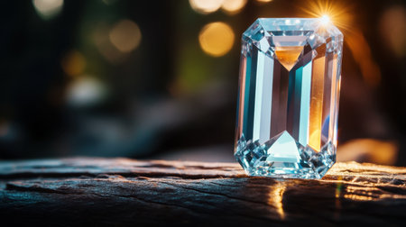 Emerald-cut gemstone with diamonds shining against moody wooden backgroundの素材