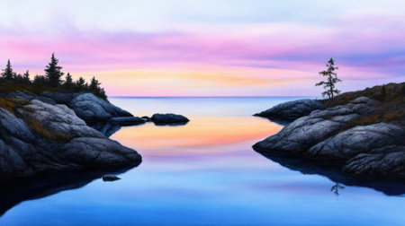Dreamy ocean view at dusk, soft pastel skies and still waters offering serenity and calmnessの素材