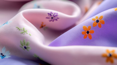 Close-up of textured pastel fabric with dainty floral prints for sewing and design mood boardsの素材