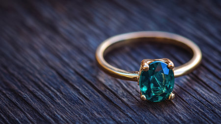 Close-up of a teal gemstone ring on dark, textured wood with moody shadows and highlightsの素材