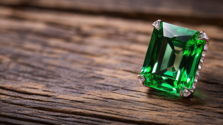 Emerald-cut gemstone with diamonds shining against moody wooden backgroundの素材