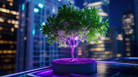 Illuminated futuristic tree growing above city buildings, blending nature and digital technology themesの素材