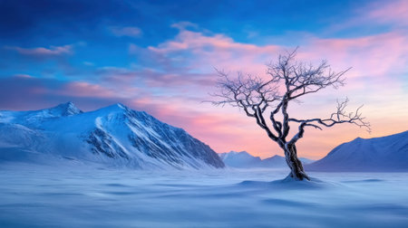 Icy branches of a lone tree sparkling on snowy terrain, under vast winter skyの素材