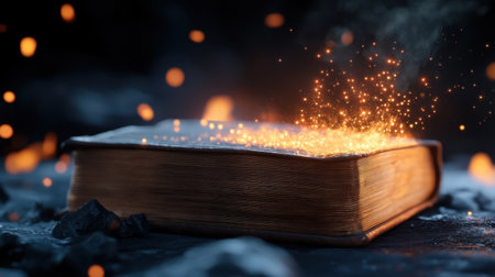 Illuminated ancient book with abstract energy lights rising outの素材