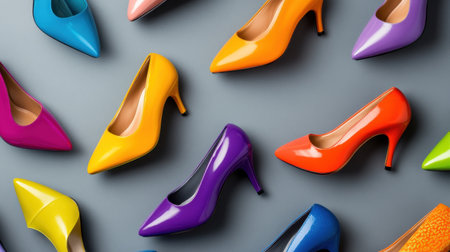 Grey background featuring many stylish and colorful high heelsの素材