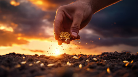 Hand pushing corn seed into dirt with golden sunlight overheadの素材