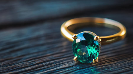 Jewelry still life of teal emerald ring resting on dark wood with soft natural lightingの素材