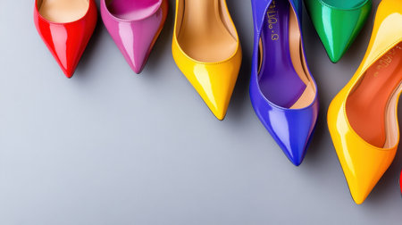 Grey background featuring many stylish and colorful high heelsの素材