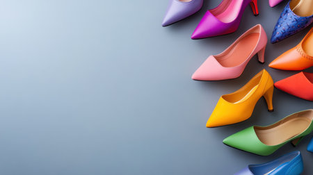 Grey background featuring many stylish and colorful high heelsの素材