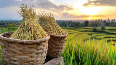 Harvest time in golden dawn light with baskets of rice and panoramic terrace viewsの素材