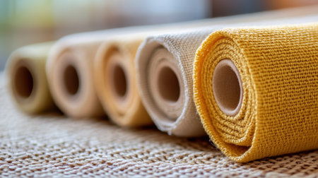 Home decor fabric rolls in light yellow tones placed artistically on a textured surfaceの素材
