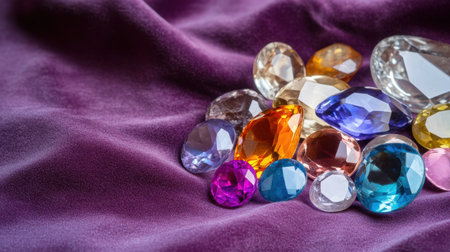 High-end arrangement of polished gemstones in vibrant tones on a velvet backgroundの素材