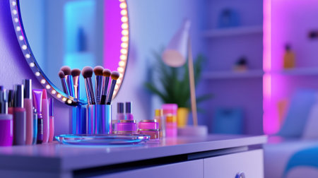 Holder with assorted makeup brushes and cosmetics near mirror on chest of drawers in bedroomの素材
