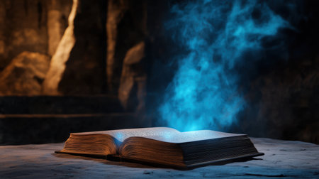 Illuminated ancient book with abstract energy lights rising outの素材