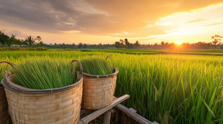 Peaceful sunrise in rural Asia with traditional rice baskets lit by golden hourの素材