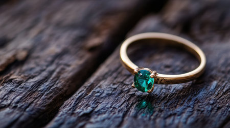 Jewelry still life of teal emerald ring resting on dark wood with soft natural lightingの素材
