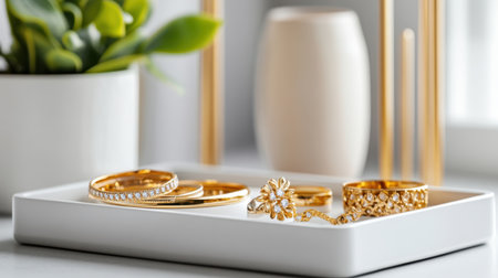 Luxurious golden jewelry neatly arranged in modern organizer over grey backdropの素材