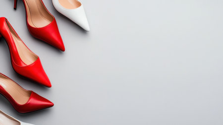 Multiple high heels arranged artistically on light grey backgroundの素材