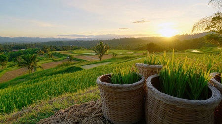 Harvest time in golden dawn light with baskets of rice and panoramic terrace viewsの素材