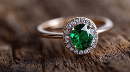 Jewelry macro of emerald ring with diamonds set against aged, dark wood grainの素材