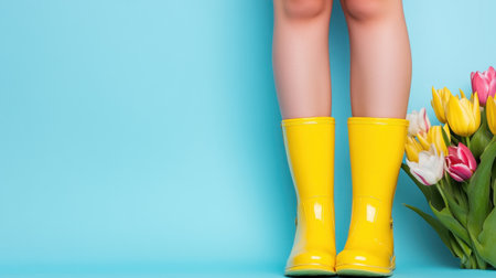 Legs of young woman in cheerful gumboots with tulips over soft blue backdropの素材
