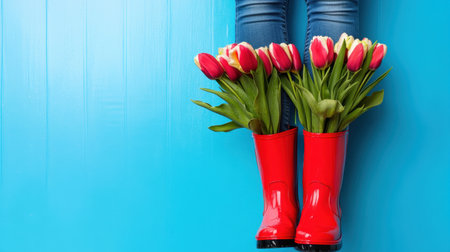 Legs in bright rain boots holding fresh tulips over artistic blue backdropの素材