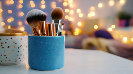 Holder with fluffy makeup brushes and glittering cosmetics in cozy bedroom settingの素材