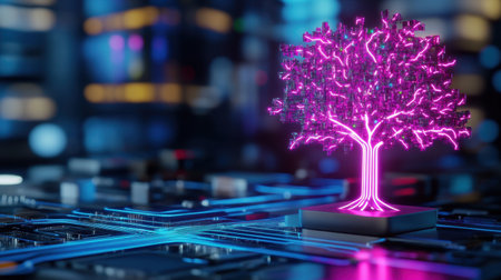 Neon-lit tree symbolizing digital connectivity rising over a dense futuristic cityscape in a studio settingの素材