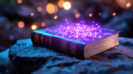 Mystical book bursting with radiant magical lights in night airの素材