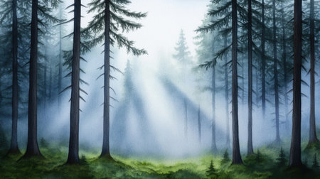 Misty woodland scene with sunlight breaking through pine trees, great for relaxation and serenityの素材
