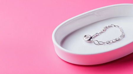 Minimalistic tray with silver jewelry lying on bright pink backdropの素材