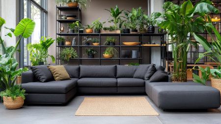Natural modern living room space with sleek grey sofas, stylish shelf units, and botanical elementsの素材