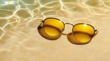 Overhead shot of yellow sunglasses by the poolside on golden sand, with shimmering water highlightsの素材