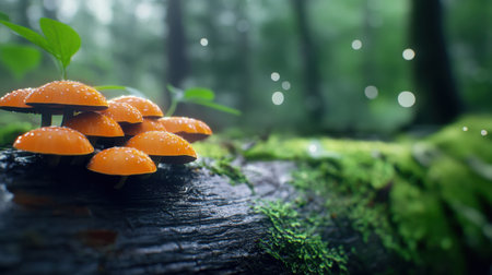 Orange mushrooms clustered near a fallen log in a damp, green forest under filtered lightの素材