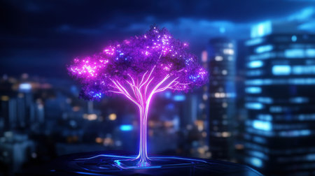Neon-lit tree symbolizing digital connectivity rising over a dense futuristic cityscape in a studio settingの素材